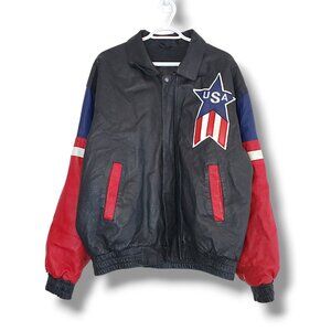 Vintage 90s USA Flag Leather Bomber Jacket Black Size XL
